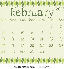 February 2013 calendar vector illustration template leaves design