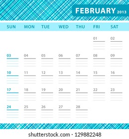 February 2013 planning calendar with space for notes. Checked blue texture in background.