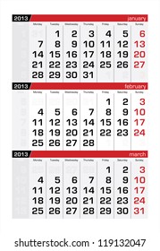 February 2013 Three-Month Calendar