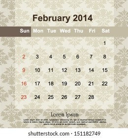 February 2014 calendar design, vector illustration