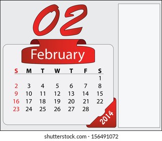 February 2014 calendar with red labels and free space. Abstract editable isolated Sunday start calendar vector design. 