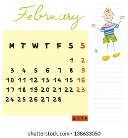 february 2014 illustration, hand drawn calendar design with kid, the open-minded student profile for international schools