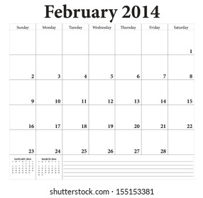 February 2014 -planning calendar. Weeks start on Sunday.