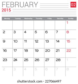 February 2015 calendar vector design template. Simple blank calendar illustration.