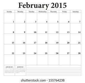 February 2015 -planning calendar. Weeks start on Sunday.