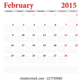 February 2015 -planning calendar. Weeks start on Monday.