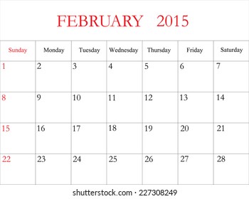 February 2015 -planning calendar. weeks start on sunday. vector design template .