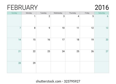 February 2016 calendar (or desk planner), weeks start from Sunday