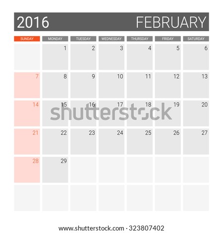 February 2016 calendar (or desk planner), weeks start from Sunday