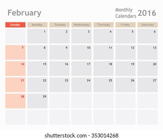  February 2016 calendar planner , monthly calender,vector illustrator