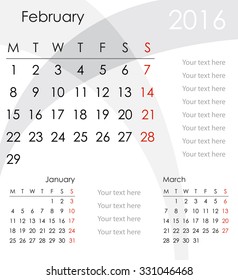 February 2016 Calendar - week starts with Monday, vector illustration.