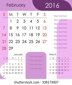 February 2016 Calendar - week starts with Sunday, vector illustration.