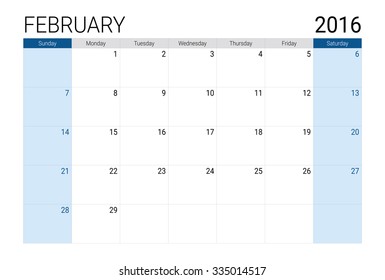 February 2016 calendar, weeks start from Sunday