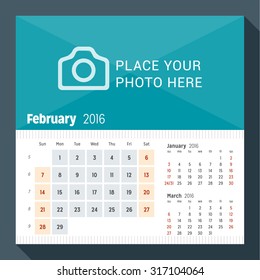 February 2016. Desk Calendar for 2016 Year. Week Starts Sunday. 3 Months on Page. Vector Design Print Template with Place for Photo