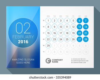 February 2016. Desk Calendar for 2016 Year. Vector Design Print Template with Place for Photo and Circles. Week Starts Monday. Calendar Grid with Week Numbers