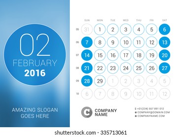 February 2016. Desk Calendar for 2016 Year. Vector Design Print Template with Place for Photo and Circles. Week Starts Sunday. Calendar Grid with Week Numbers