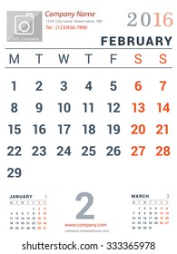 February 2016. Desk and Wall Monthly Calendar for 2016 Year. Vector Design Print Template with Place for Photo logo and description company. Week Starts Monday. Portrait Orientation