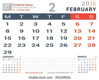 February 2016. Desk and Wall Monthly Calendar for 2016 Year. Vector Design Print Template with Place for Photo logo and description company. Week Starts Monday. Portrait Orientation