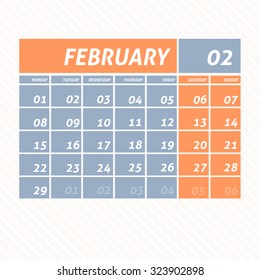 February 2016 Flat Calendar Design - Week Starts Sunday