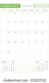 February 2016. Monthly Calendar Planner for 2016 Year. Vector Design Print Template with Place for Notes. Week Starts Sunday. Portrait Orientation