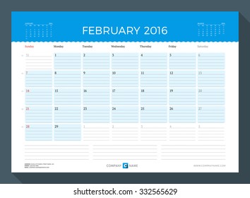 February 2016. Monthly Calendar Planner for 2016 Year. Vector Design Print Template. Week Starts Sunday