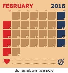 February 2016 monthly calendar template, Vector Illustration