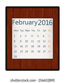February 2016 paper calendar on wood