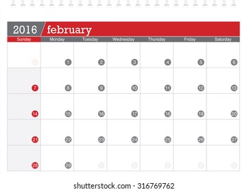 February 2016 planning calendar