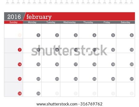February 2016 planning calendar