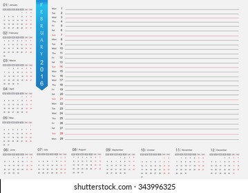 February 2016 planning calendar.Vector illustration.