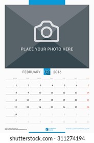 February 2016. Wall Monthly Calendar for 2016 Year. Vector Design Print Template with Place for Photo. Week Starts Monday. Portrait Orientation