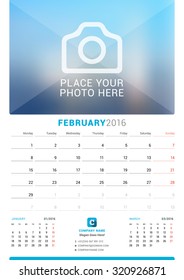 February 2016. Wall Monthly Calendar for 2016 Year. Vector Design Print Template with Place for Photo. Week Starts Monday. 3 Months on Page