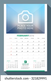 February 2016. Wall Monthly Calendar for 2016 Year. Vector Design Print Template with Place for Photo. Week Starts Sunday. 3 Months on Page