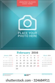 February 2016. Wall Monthly Calendar for 2016 Year. Vector Design Print Template with Place for Photo. Week Starts Monday. 3 Months on Page