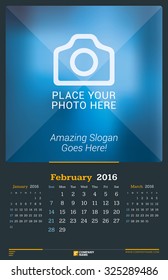 February 2016. Wall Monthly Calendar for 2016 Year. Vector Design Print Template with Place for Photo. Dark Background. Week Starts Sunday. 3 Months on Page