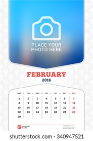 February 2016. Wall Monthly Calendar for 2016 Year. Vector Design Print Template with Place for Photo and Pattern Background. Week Starts Monday