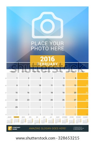 February 2016. Wall Monthly Calendar for 2016 Year. Vector Design Print Template with Place for Photo and Year Calendar. Week Starts Monday