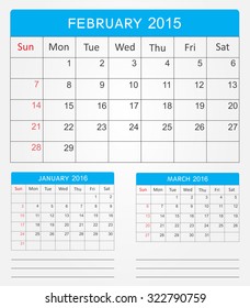 February 2016.Planning calendar for february 2016.Vector illustration.
