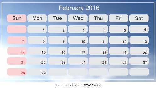 February 2016.Planning calendar for february 2016.Vector illustration.