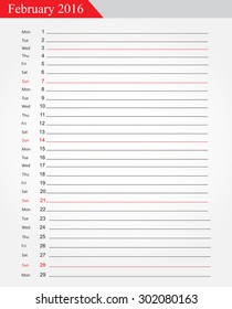 February 2016.Planning calendar for february 2016.Vector template.