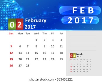 February 2017 Calendar, Abstract Dotted Globe with Blue Shining Glitter. Vector Illustration.