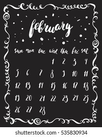 February 2017 calendar in black and white with hand written elements, decorative frame. Week starts Sunday. 