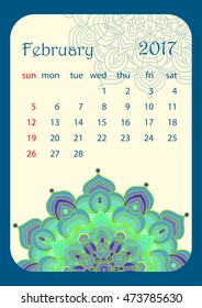 February 2017 Calendar decorated with circular flower mandala. Vector illustration