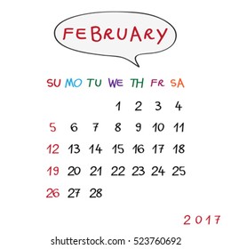 February 2017 calendar page with original hand drawn text and speech bubble over white