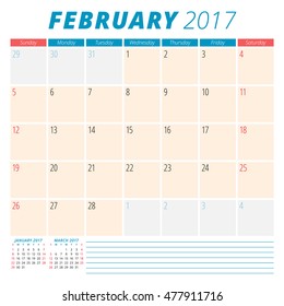 February 2017. Calendar Planner for 2017 Year. Week Starts Sunday. Stationery Design. 3 Months on Page. Vector Calendar Template