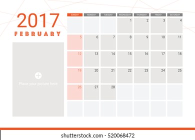 February 2017 calendar with space for picture