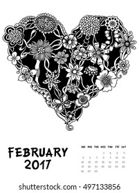 February 2017, Line Art calendar page of month. Hearts of flowers. Black and white illustration.