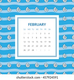 February 2017. One month calendar vector template in a page, square format. Hand drawn seamless pattern on background. Week starts on Sunday. Blue and white colors