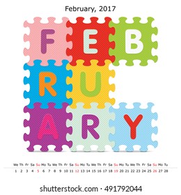 Calendario de rompecabezas de febrero de 2017 - ilustración vectorial