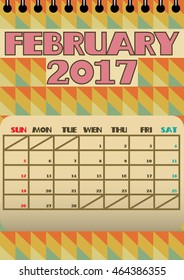 February 2017 Retro Calendar, starts with Sunday . Vector file contains isolated spiral binding layer geometric shapes in background. Whole set in my portfolio.